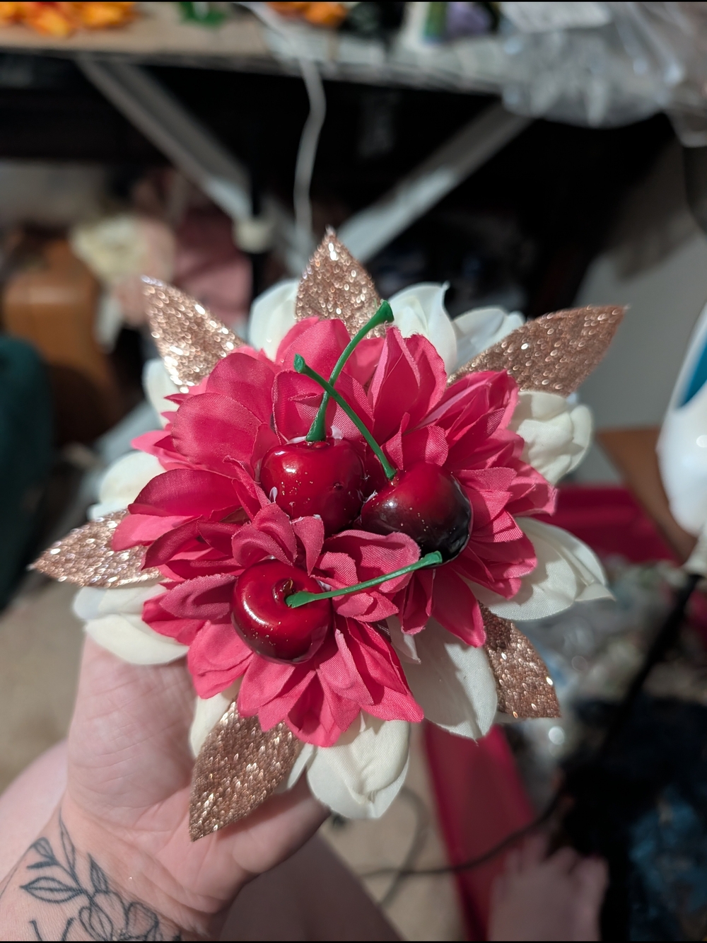 Pink And White Sparkly Floral Hair Clip with Red Cherry Accents